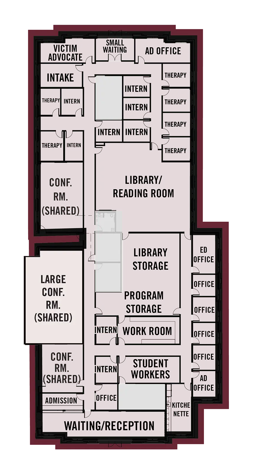 The Camelia Center wing is twice as tall (north/south) as it is wide (east/west), and has two entrances: a waiting room to the south and a small waiting room to the north. Library and storage rooms are centrally located, with a tall, blocky “C” shaped hallway wrapping around to provide access to various offices and therapy rooms. Rooms along the outer walls have exterior windows.