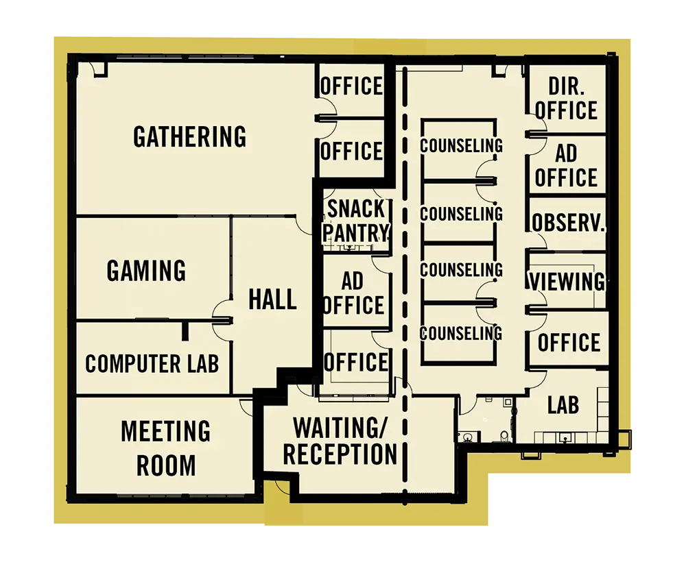 The Collegiate Recovery and Intervention Services floor plan is almost a square block of rooms divided into Collegiate Recovery Community on the western half and clinical services on the eastern half. The outside of this space is wrapped in hallways instead of outer walls, so there are no exterior windows.