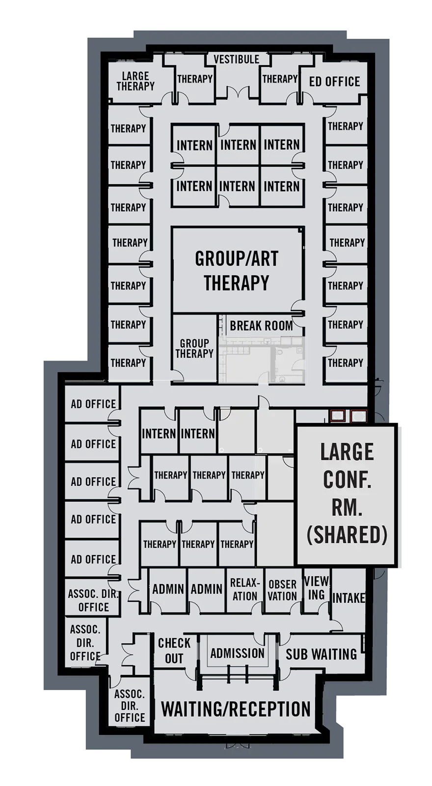 The Counseling Center wing is twice as tall (north/south) as it is wide (east/west), and has two entrances: a waiting room to the south and a vestibule to the north. Offices and therapy rooms line the outer walls (and have exterior windows), with the rest of the rooms arranged in groups and surrounded by inner hallways.