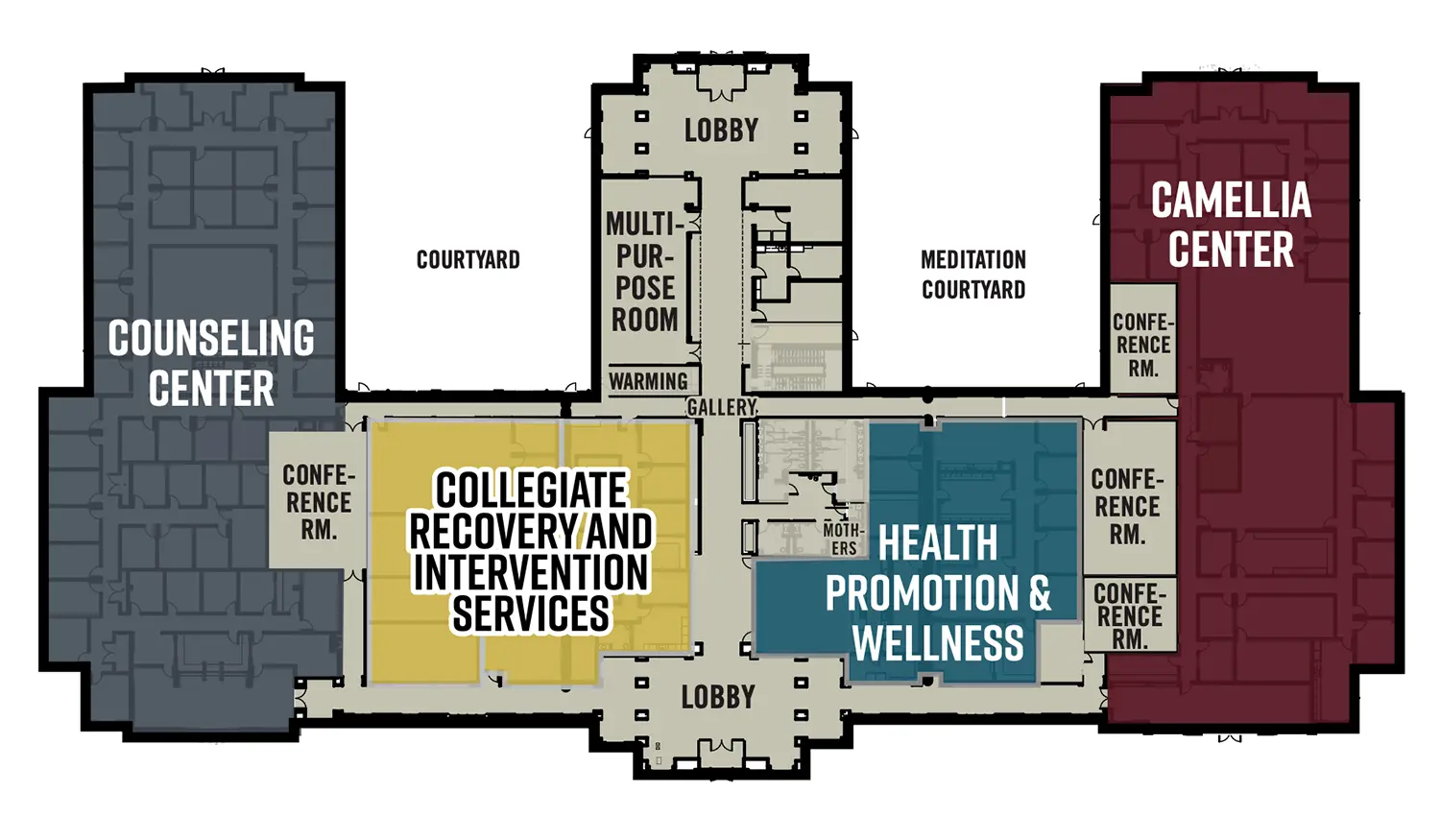 The Student Well-Being Hub floorplan includes four main sections: Counseling Center (left), Collegiate Recovery and Intervention Services (center-left), Health Promotion & Wellness (center-right), and Camellia Center (right). Each section contains shared spaces marked in green. There are two lobbies—top and bottom. The top lobby connects to a courtyard on the left and a meditation courtyard on the right. A central gallery space links all four sections.