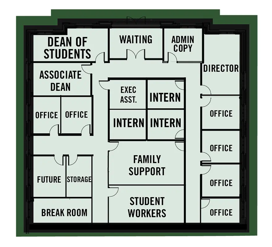 The Dean of Students and Student Care & Well‑Being floor plan is roughly square in shape. A block of rooms sits in the center and ties into the south wall, with a hallway wrapped around the north, east, and west sides to reach additional rooms along the perimeter. The north, east and west walls face outward and include exterior windows, while the south wall faces the interior of the building. A side hallway on the west side leads outside to the meditation courtyard.