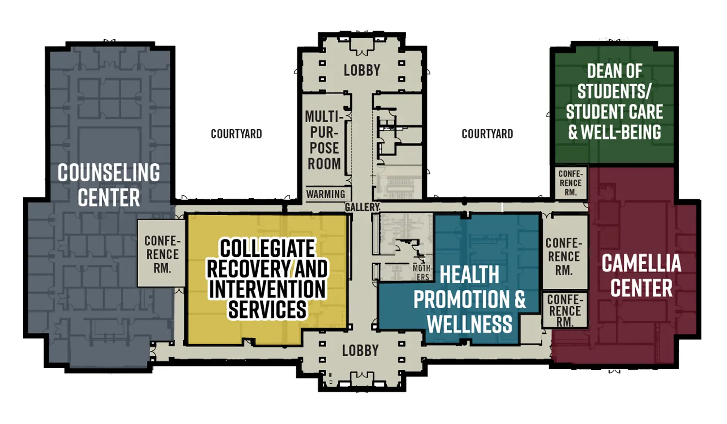 The Student Well-Being Hub floorplan includes five main sections: Counseling Center (left), Collegiate Recovery and Intervention Services (center-left), Health Promotion & Wellness (center-right), Camellia Center (bottom right), and Dean of Students/Student Care & Well-Being (top right). There are two lobbies—top and bottom. The top lobby connects to a courtyard on the left and a meditation courtyard on the right. A central gallery space links all five sections.